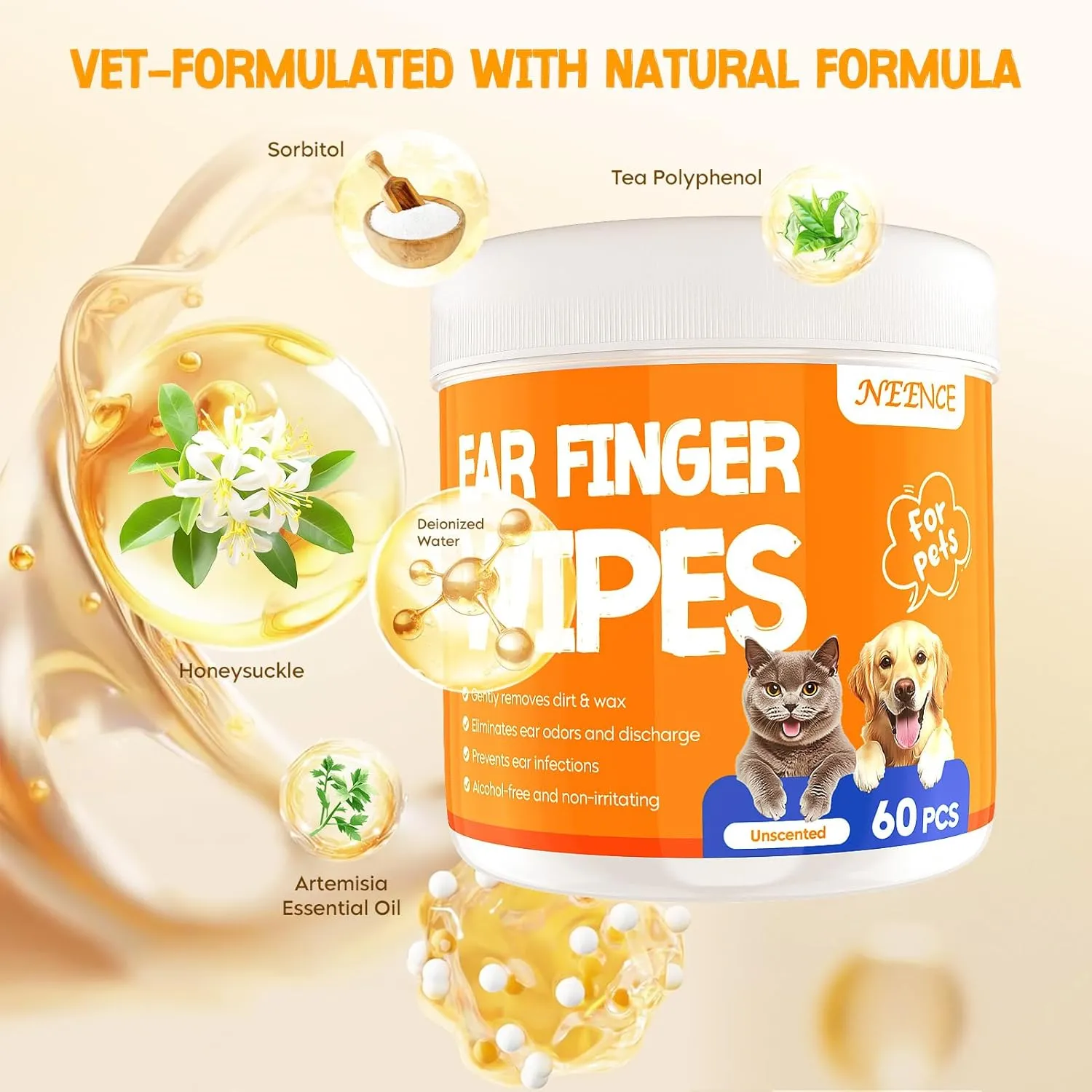 NEENCE Ear Finger Wipes for Dogs & Cats,Dog Ear Cleaner Finger Wipes, Soothing Cleansing Deodorizing Ear Care Wipes for Cat and Dog, Effectively Remove Ear Wax for Dogs & Cats(60 Pcs, Unscented)