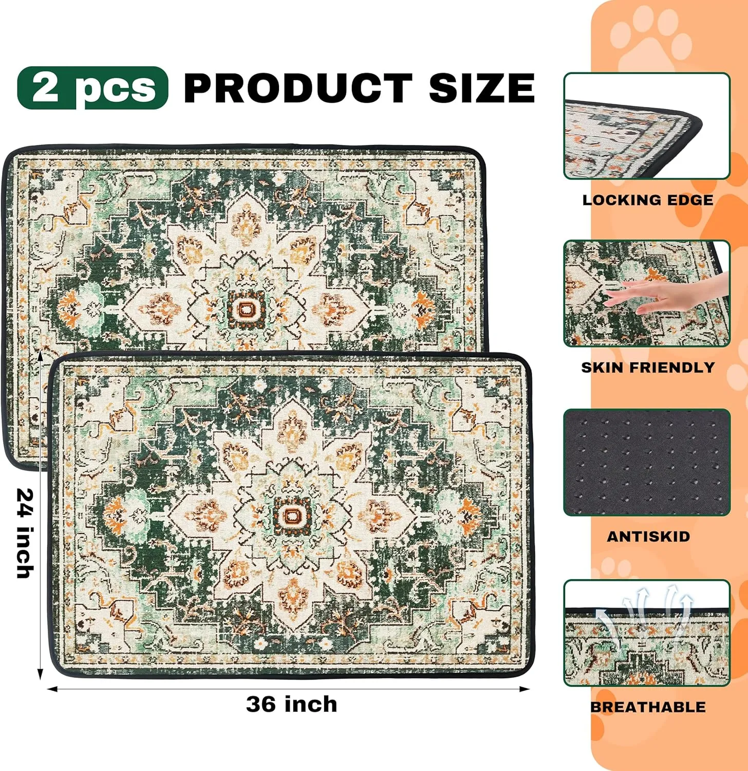 PatiencET Washable Pee Pads for Dogs, 24'' x 36" Super Absorbent Leakproof Reusable Puppy Pads, 2 Pack Dog Training Pad Potty Pad Whelping Pad with Non-Slip Bottom for Housebreaking Incontinence Green