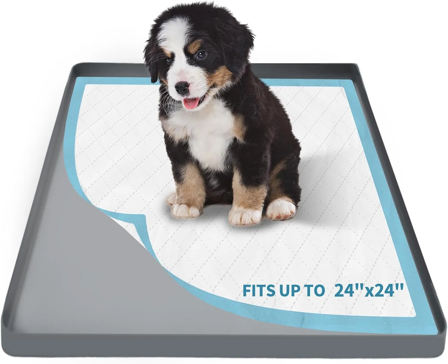 Pee Pad Holder, Dog Potty Tray for 24" x 24" Training Pads, Silicone Non-Slip Pee Mat Potty, No Spill Raise Lip High Edge Puppy Pad Tray with 4 Holder Clamps for Dog Training Home Floor Protection