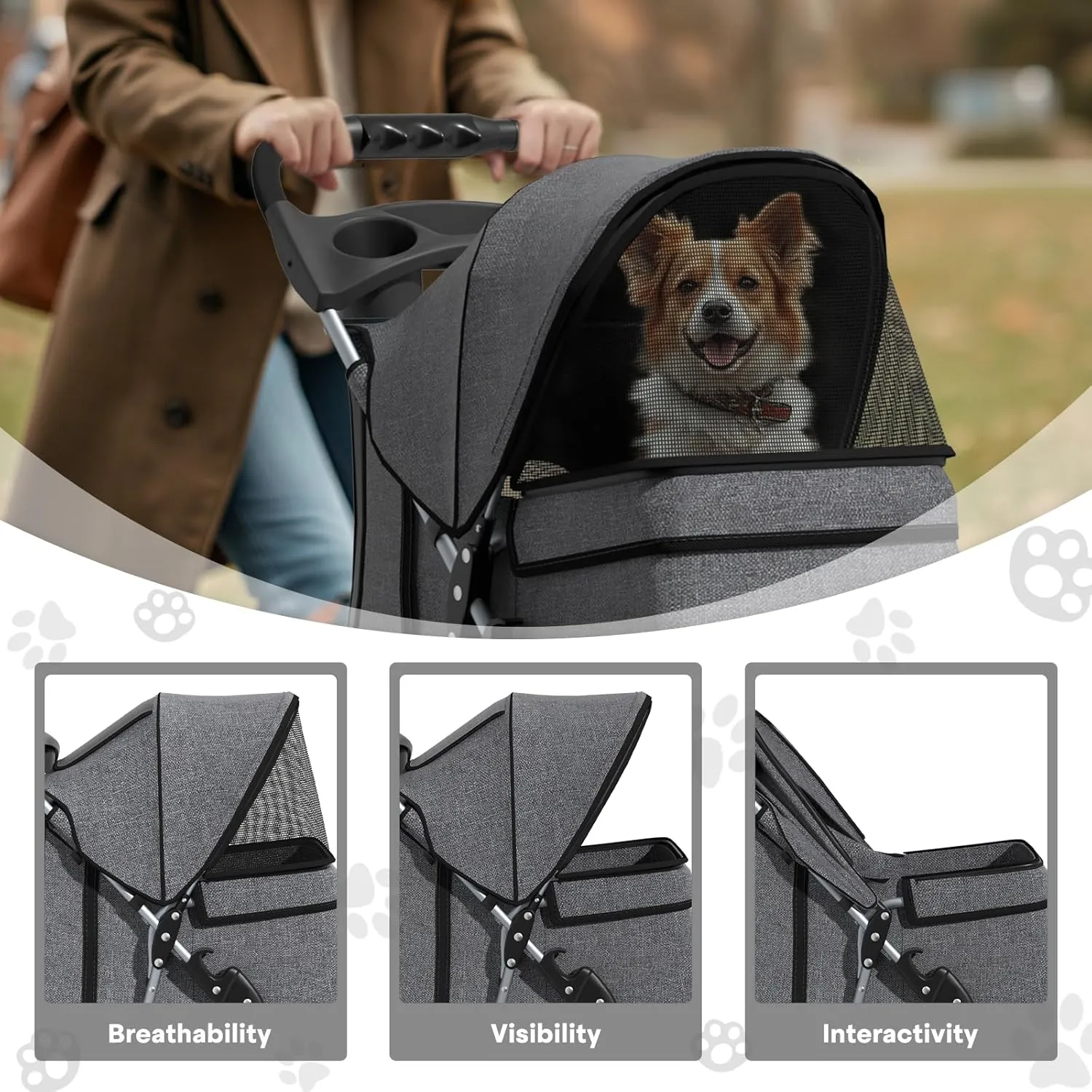 Pet Stroller for Small Dogs 10 lbs, Dog Stroller for Medium Dogs 30 lbs, Cat Strollers for 2 Cats, 3 Wheels Foldable Jogger Puppy Stroller with Storage Basket and Cup Holder, Grey