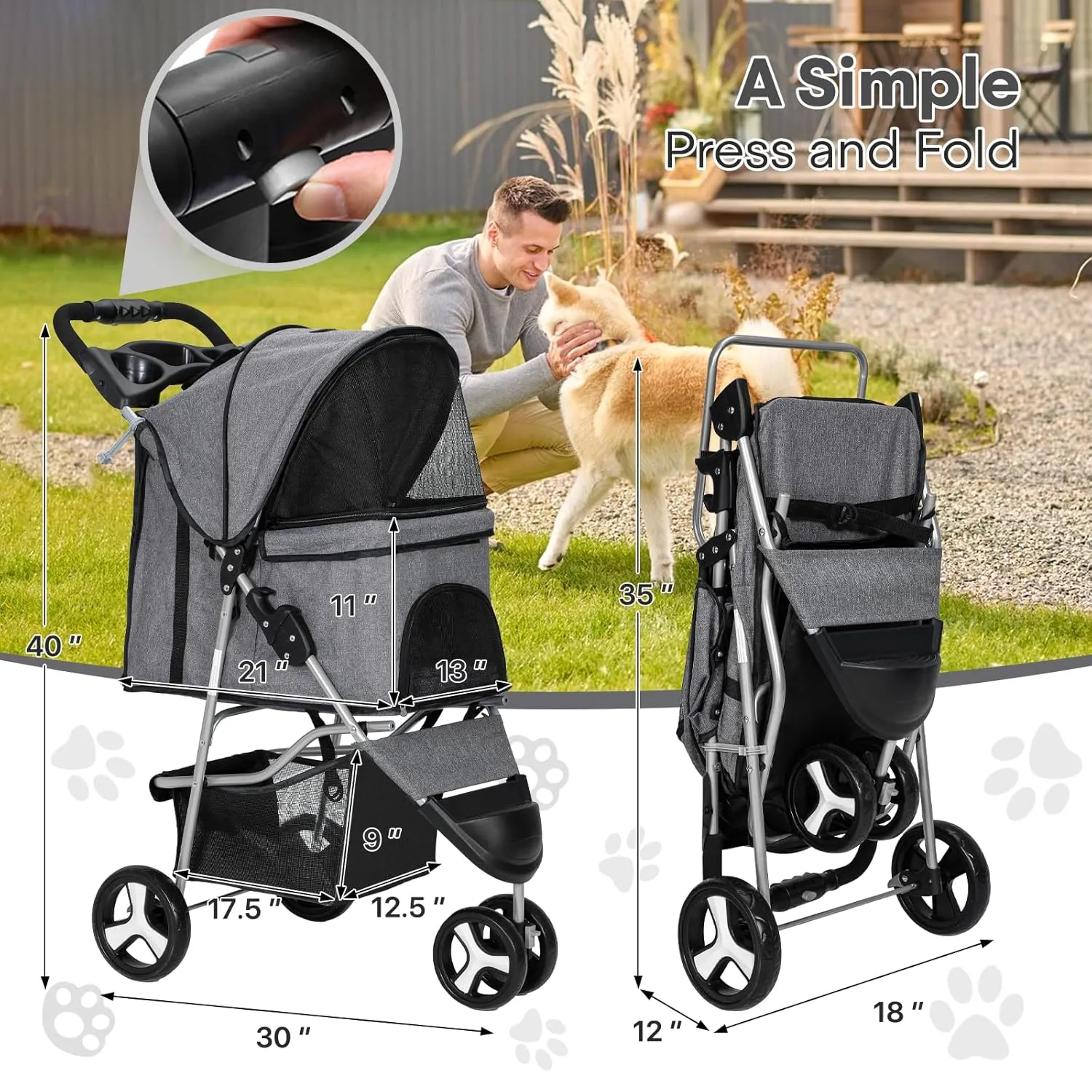 Pet Stroller for Small Dogs 10 lbs, Dog Stroller for Medium Dogs 30 lbs, Cat Strollers for 2 Cats, 3 Wheels Foldable Jogger Puppy Stroller with Storage Basket and Cup Holder, Grey