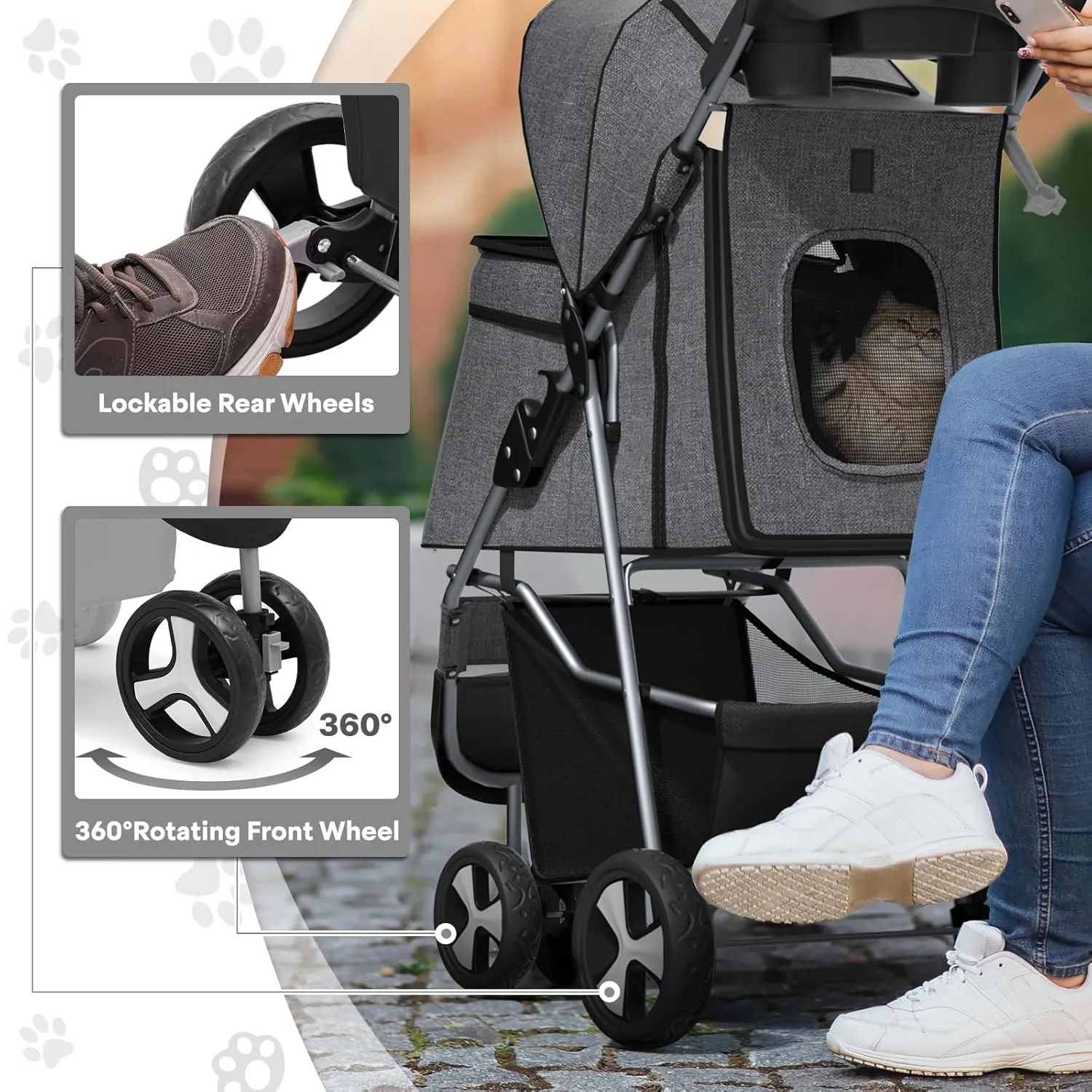 Pet Stroller for Small Dogs 10 lbs, Dog Stroller for Medium Dogs 30 lbs, Cat Strollers for 2 Cats, 3 Wheels Foldable Jogger Puppy Stroller with Storage Basket and Cup Holder, Grey