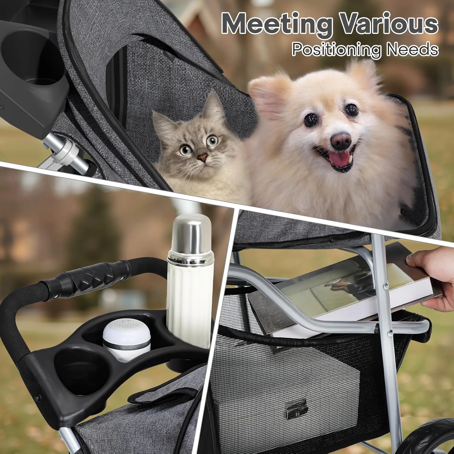 Pet Stroller for Small Dogs 10 lbs, Dog Stroller for Medium Dogs 30 lbs, Cat Strollers for 2 Cats, 3 Wheels Foldable Jogger Puppy Stroller with Storage Basket and Cup Holder, Grey