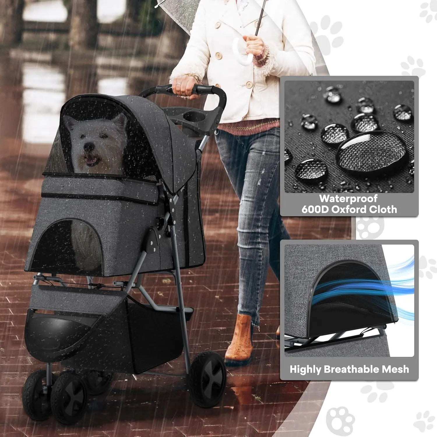 Pet Stroller for Small Dogs 10 lbs, Dog Stroller for Medium Dogs 30 lbs, Cat Strollers for 2 Cats, 3 Wheels Foldable Jogger Puppy Stroller with Storage Basket and Cup Holder, Grey