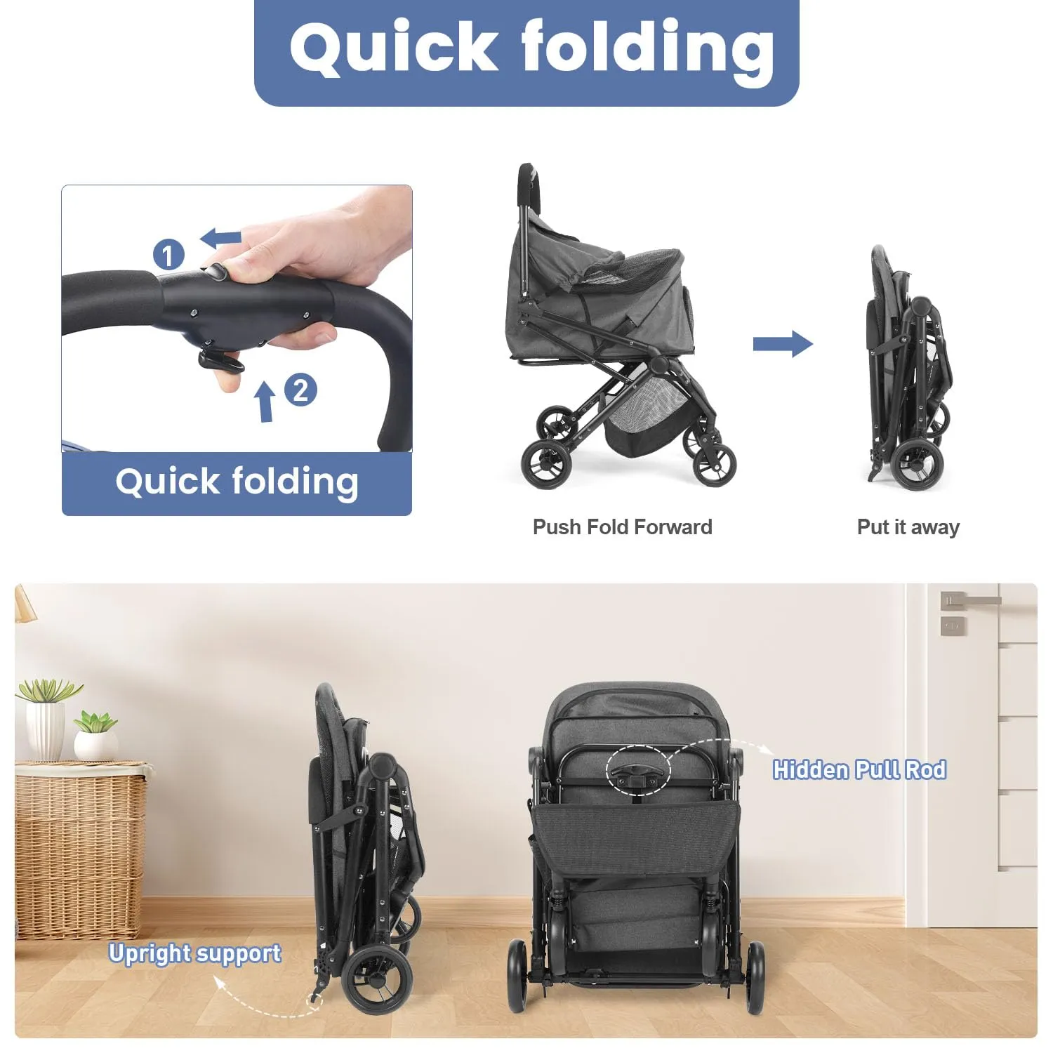 Pet Strollers, Foldable Dog Strollers, Dogs Carts with Storage Basket, 360 Front Wheel Rear Wheel with Brake, Lightweight Travel Stroller for Small Medium Dogs&Cats Outoor (Dark Grey)