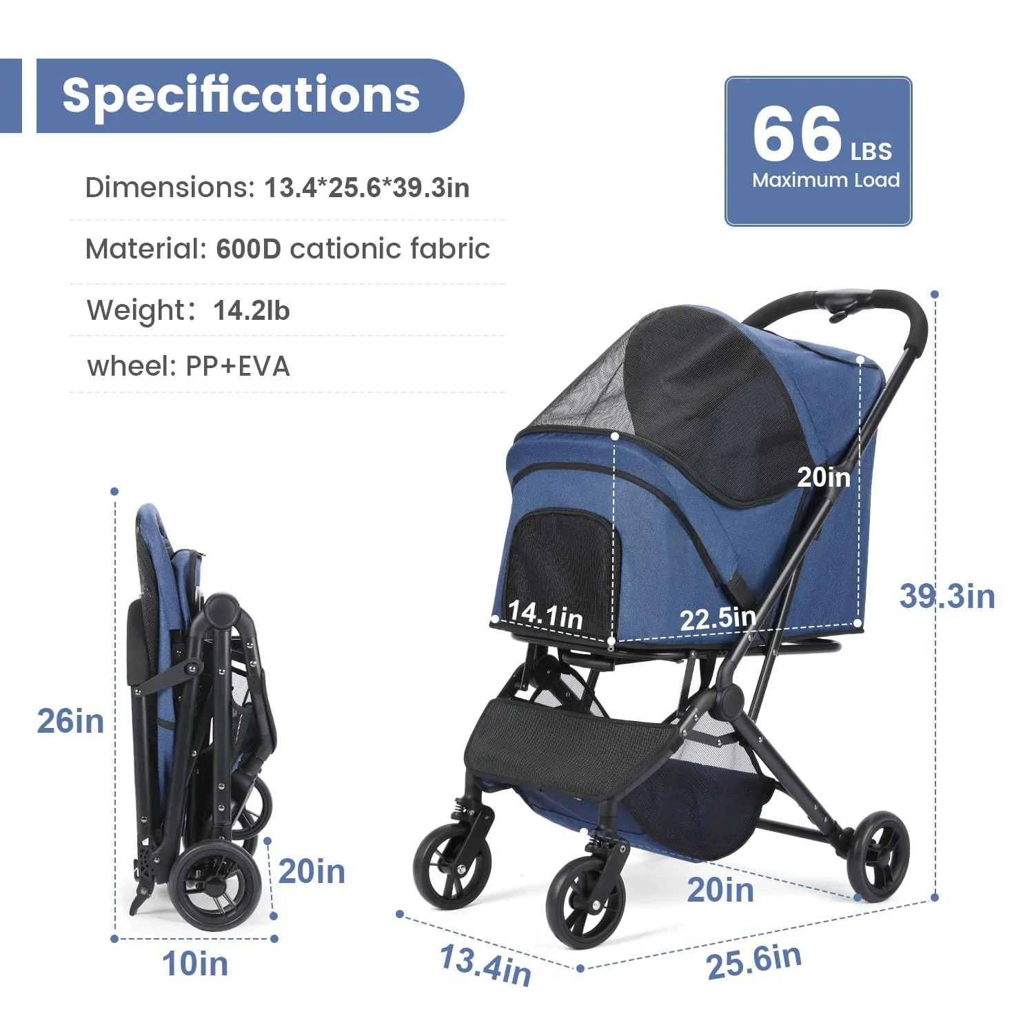 Pet Strollers, Foldable Dog Strollers, Dogs Carts with Storage Basket, 360 Front Wheel Rear Wheel with Brake, Lightweight Travel Stroller for Small Medium Dogs&Cats Outoor (Navy)