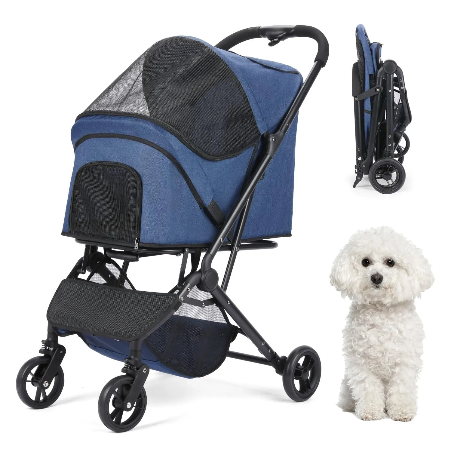 Pet Strollers, Foldable Dog Strollers, Dogs Carts with Storage Basket, 360 Front Wheel Rear Wheel with Brake, Lightweight Travel Stroller for Small Medium Dogs&Cats Outoor (Navy)