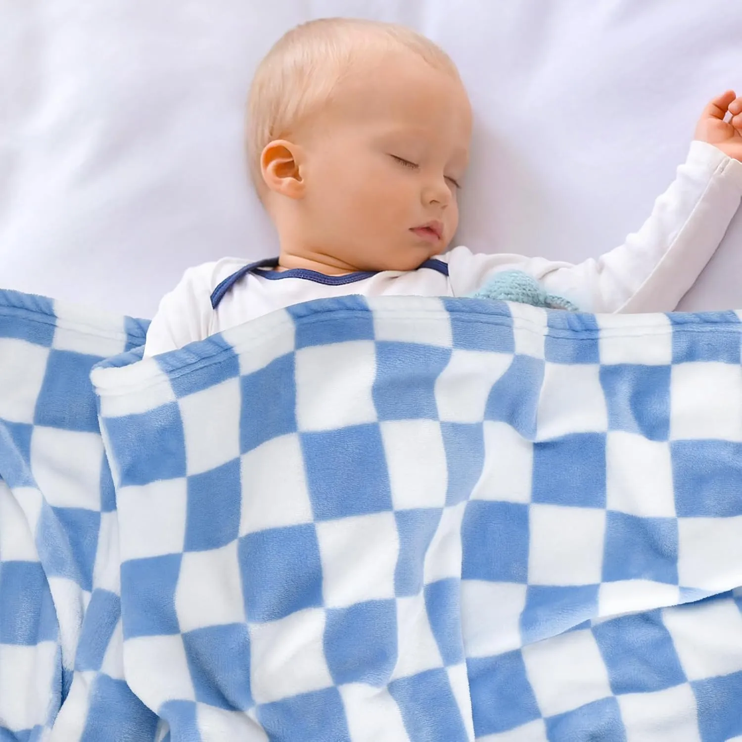Plush Checkered Baby Blanket for Boys Girls Nursery, 30"*40" Warm Short Fleece Blanket Neutral for Infant Newborn, Small Fuzzy for Sleeping, Chenille Baby for Stroller (Blue&White)