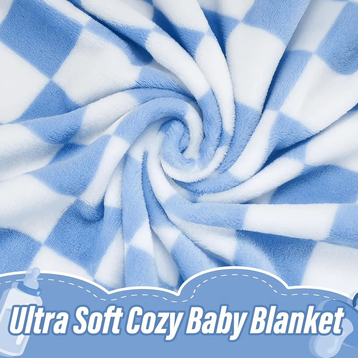 Plush Checkered Baby Blanket for Boys Girls Nursery, 30"*40" Warm Short Fleece Blanket Neutral for Infant Newborn, Small Fuzzy for Sleeping, Chenille Baby for Stroller (Blue&White)