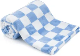 Plush Checkered Baby Blanket for Boys Girls Nursery, 30"*40" Warm Short Fleece Blanket Neutral for Infant Newborn, Small Fuzzy for Sleeping, Chenille Baby for Stroller (Blue&White)