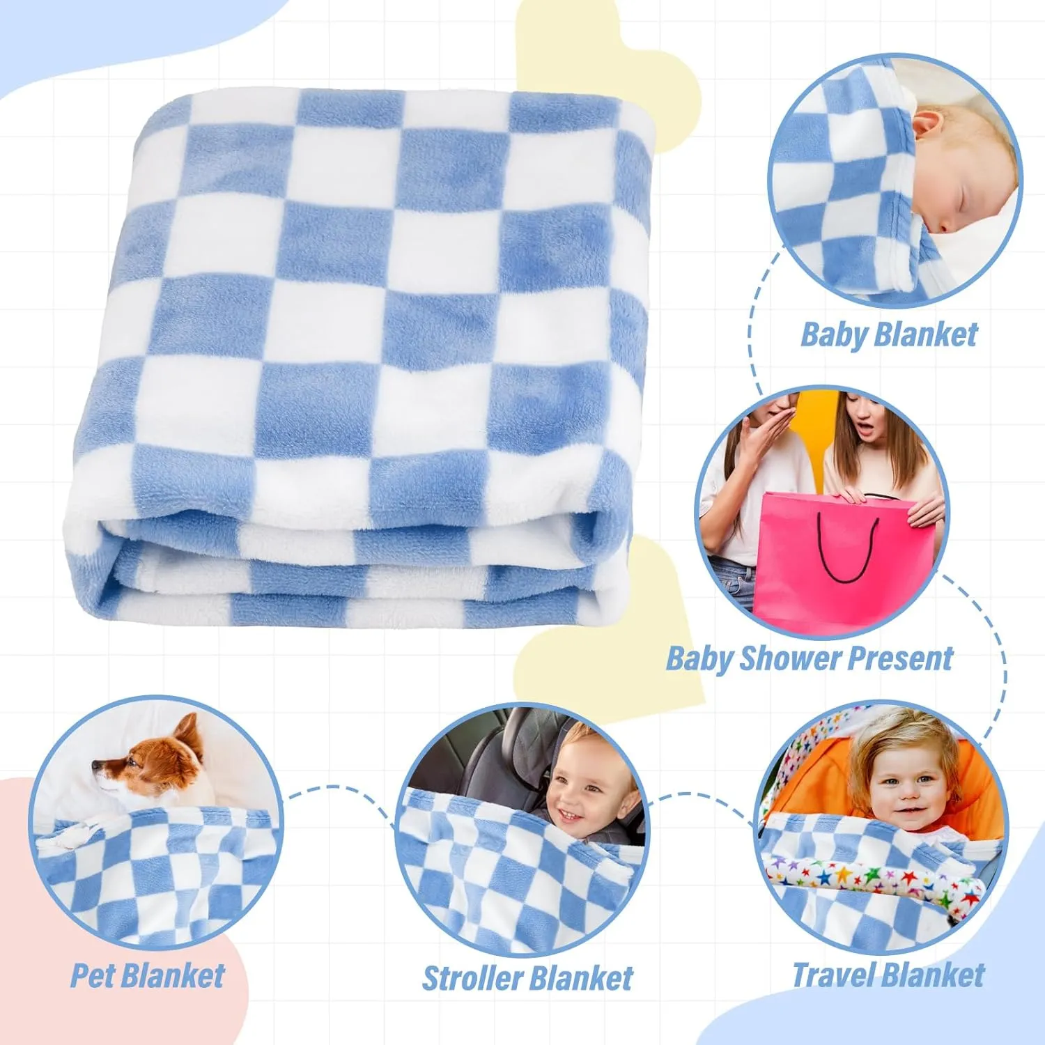 Plush Checkered Baby Blanket for Boys Girls Nursery, 30"*40" Warm Short Fleece Blanket Neutral for Infant Newborn, Small Fuzzy for Sleeping, Chenille Baby for Stroller (Blue&White)