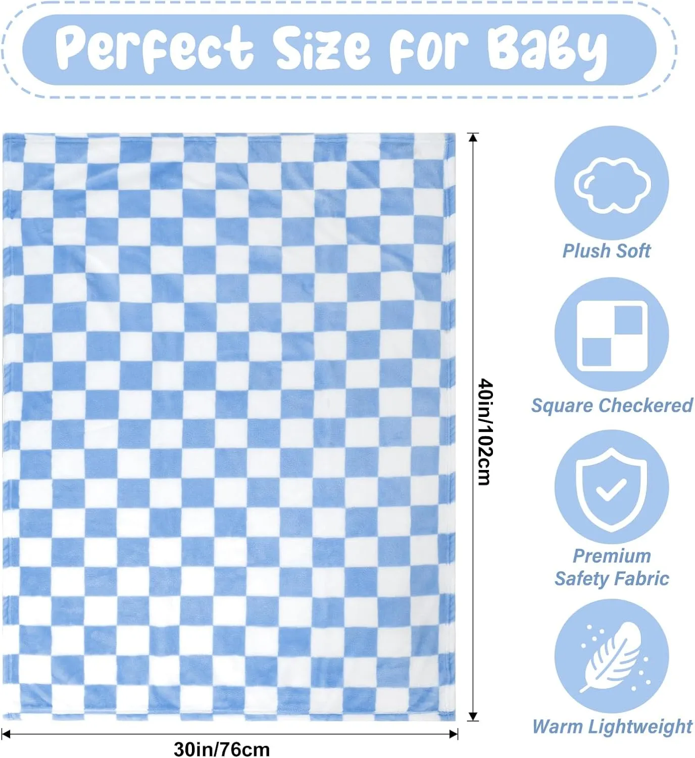 Plush Checkered Baby Blanket for Boys Girls Nursery, 30"*40" Warm Short Fleece Blanket Neutral for Infant Newborn, Small Fuzzy for Sleeping, Chenille Baby for Stroller (Blue&White)