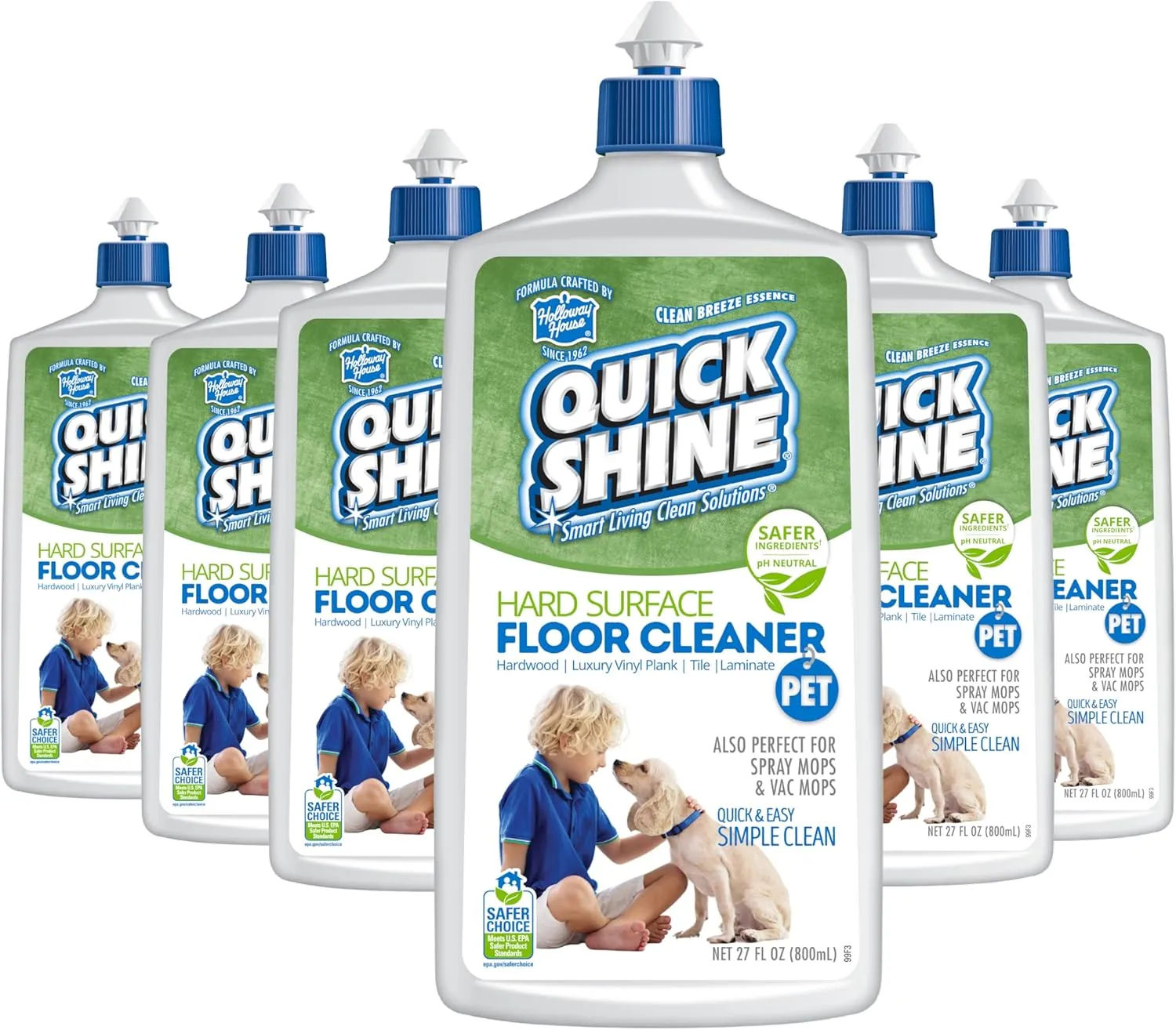 Quick Shine Plant Based Pet Floor Cleaner 27 oz, 6Pk | Ready to Use, Removes Dirt, Streak Free, No Rinse | Hardwood, Laminate, Luxury Vinyl Plank LVT, & Tile | Safer for Kids, Pets & Our Environment