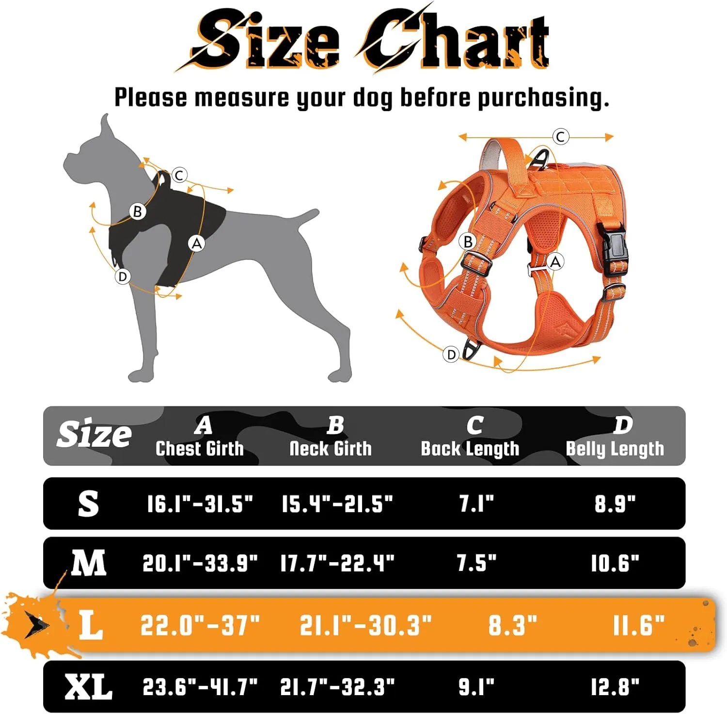 rabbitgoo Dog Harness for Large Dogs No Pull, Tactical Service Pet Vest with Molle and Control Handle, Adjustable and Reflective Military Harness for Easy Walking and Training, Orange, L