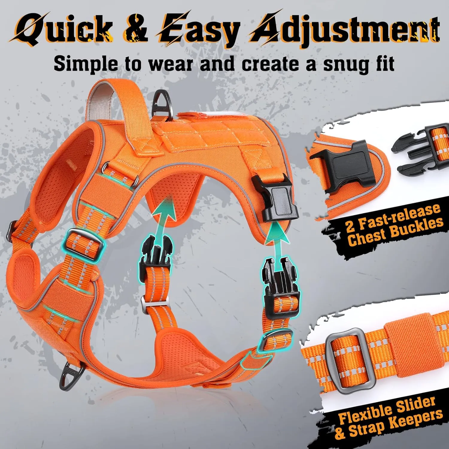 rabbitgoo Dog Harness for Large Dogs No Pull, Tactical Service Pet Vest with Molle and Control Handle, Adjustable and Reflective Military Harness for Easy Walking and Training, Orange, L