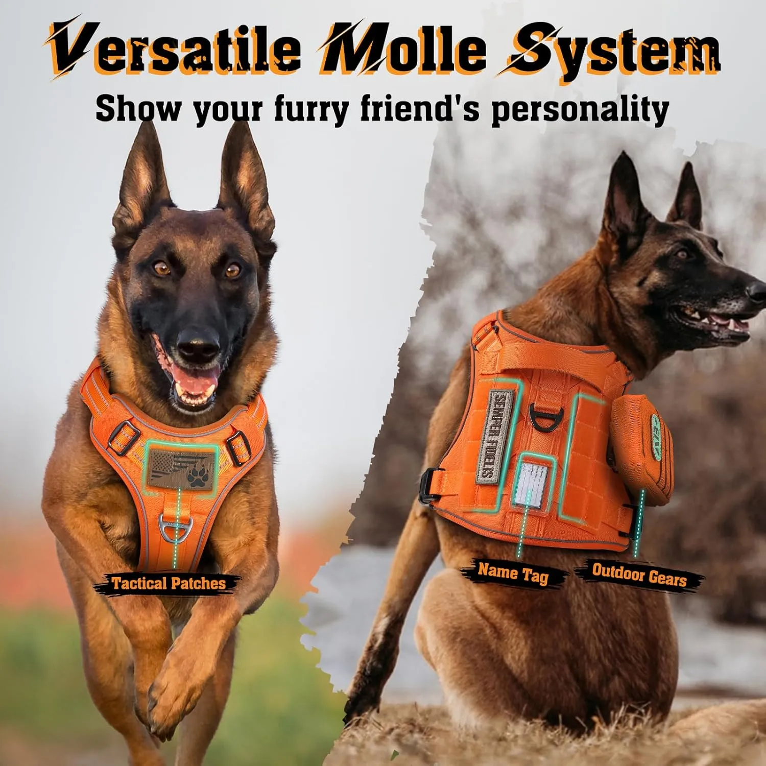 rabbitgoo Dog Harness for Large Dogs No Pull, Tactical Service Pet Vest with Molle and Control Handle, Adjustable and Reflective Military Harness for Easy Walking and Training, Orange, L