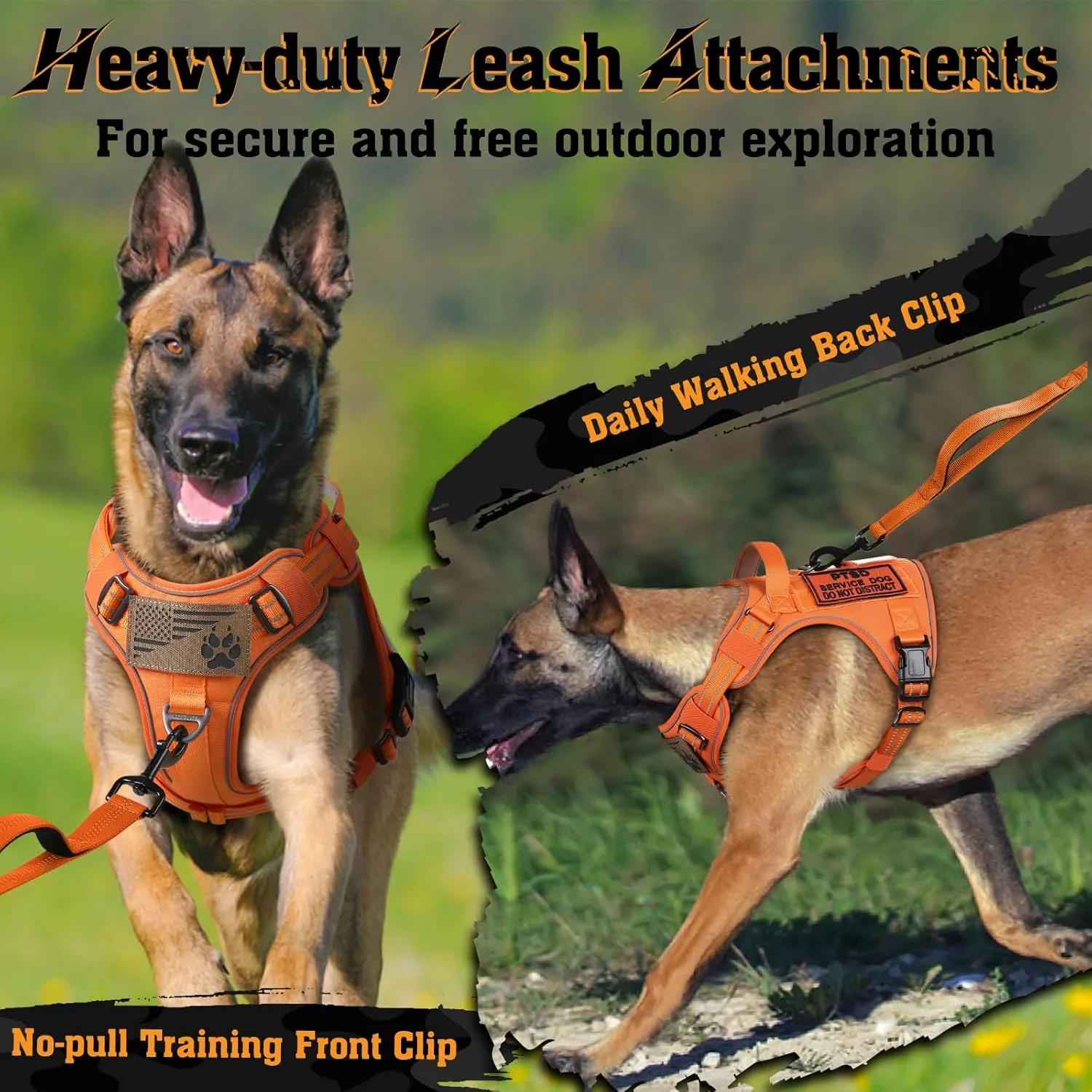 rabbitgoo Dog Harness for Large Dogs No Pull, Tactical Service Pet Vest with Molle and Control Handle, Adjustable and Reflective Military Harness for Easy Walking and Training, Orange, L