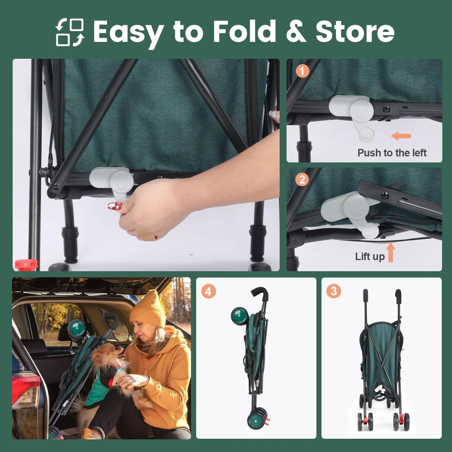 Umbrella Dog Stroller, Foldable Pet Stroller for Small Dogs Cats, 4 Wheels Pet Strolling Cart with Carrying Strap and Cup Holder, Breathable and Visible Mesh, Dog Poop Bags & Dispenser (Dark Green)