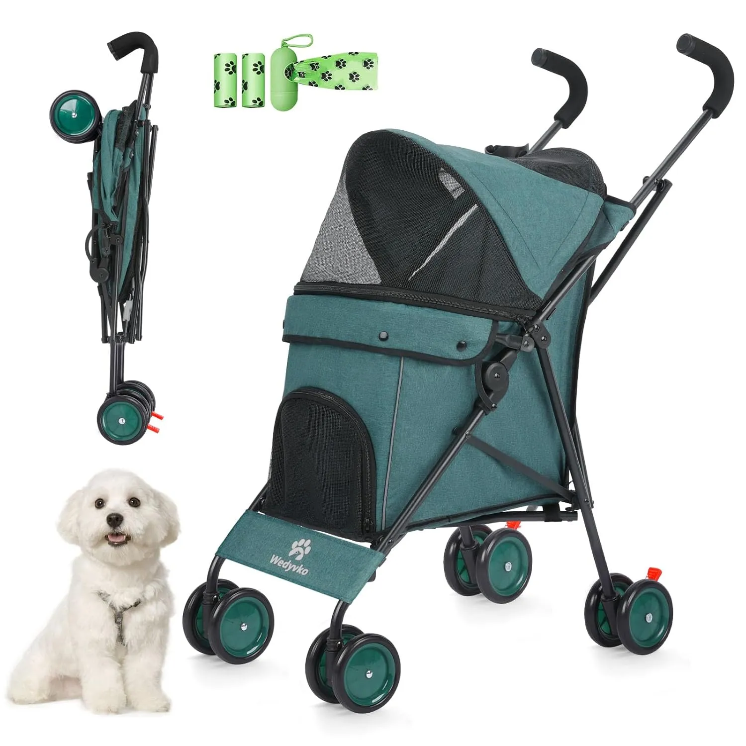 Umbrella Dog Stroller, Foldable Pet Stroller for Small Dogs Cats, 4 Wheels Pet Strolling Cart with Carrying Strap and Cup Holder, Breathable and Visible Mesh, Dog Poop Bags & Dispenser (Dark Green)