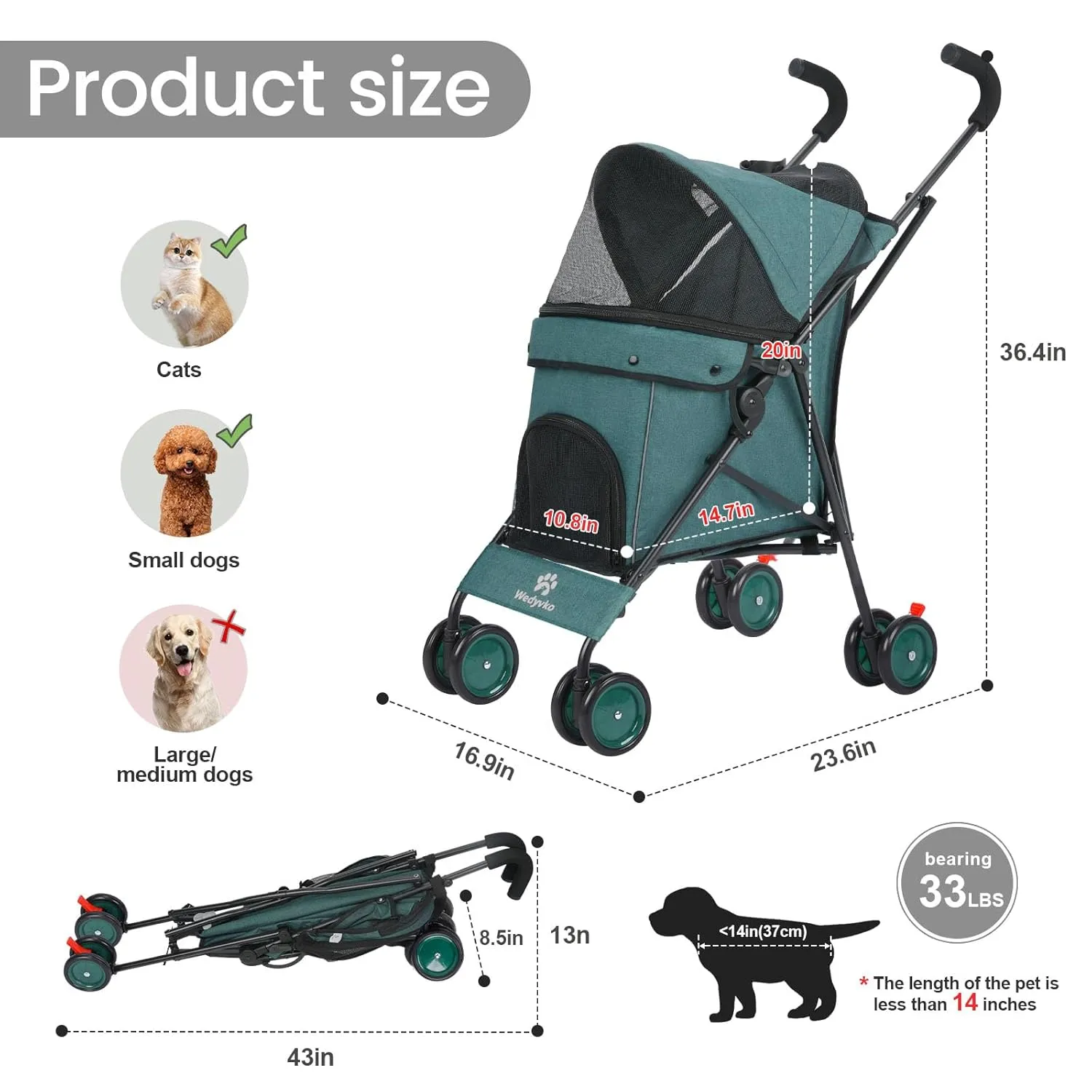Umbrella Dog Stroller, Foldable Pet Stroller for Small Dogs Cats, 4 Wheels Pet Strolling Cart with Carrying Strap and Cup Holder, Breathable and Visible Mesh, Dog Poop Bags & Dispenser (Dark Green)