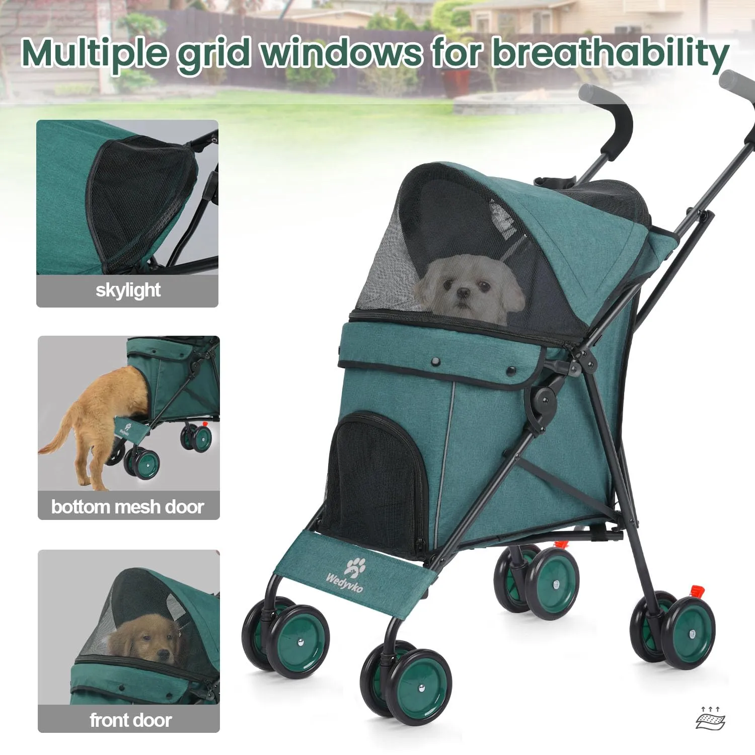 Umbrella Dog Stroller, Foldable Pet Stroller for Small Dogs Cats, 4 Wheels Pet Strolling Cart with Carrying Strap and Cup Holder, Breathable and Visible Mesh, Dog Poop Bags & Dispenser (Dark Green)