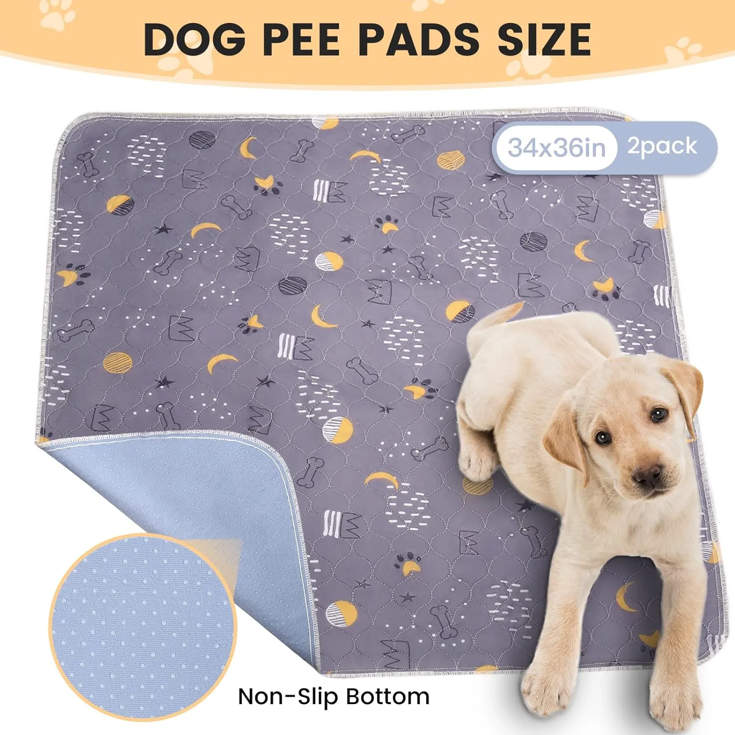 UPSKY Washable Pee Pads for Dogs 2 Pack 34" x 36" Reusable Puppy Pads Waterproof Pet Training Pads, Non-Slip Dog Mats Fast Absorbent Whelping Pads for Playpen, Potty, Crate, Bed