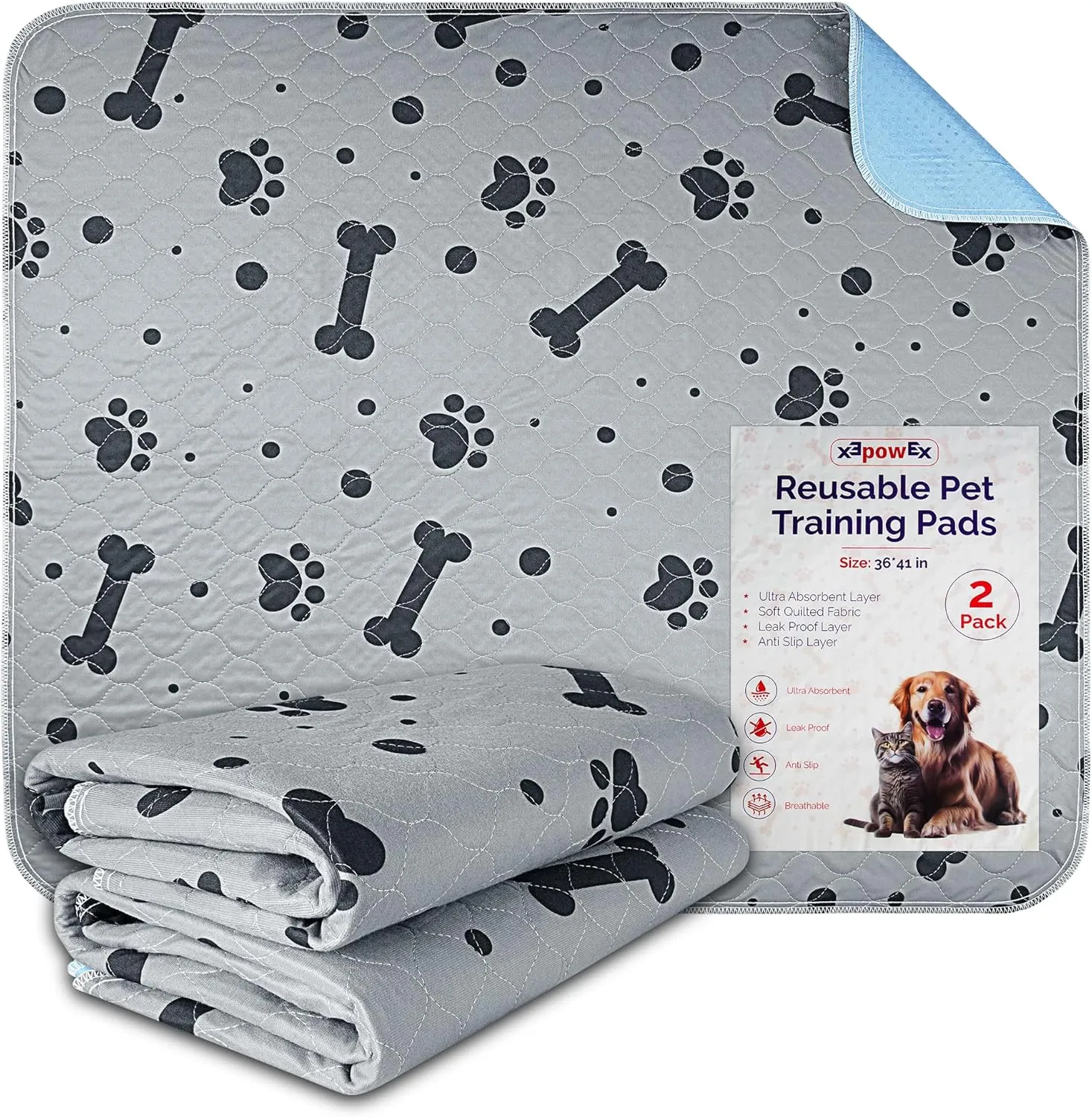 Washable Pee Pads for Dogs - 2 Pack Large 36"x41" Reusable Puppy Pads, Waterproof Potty Mats with High Absorbency & Anti-Slip Bottom for Pet Training