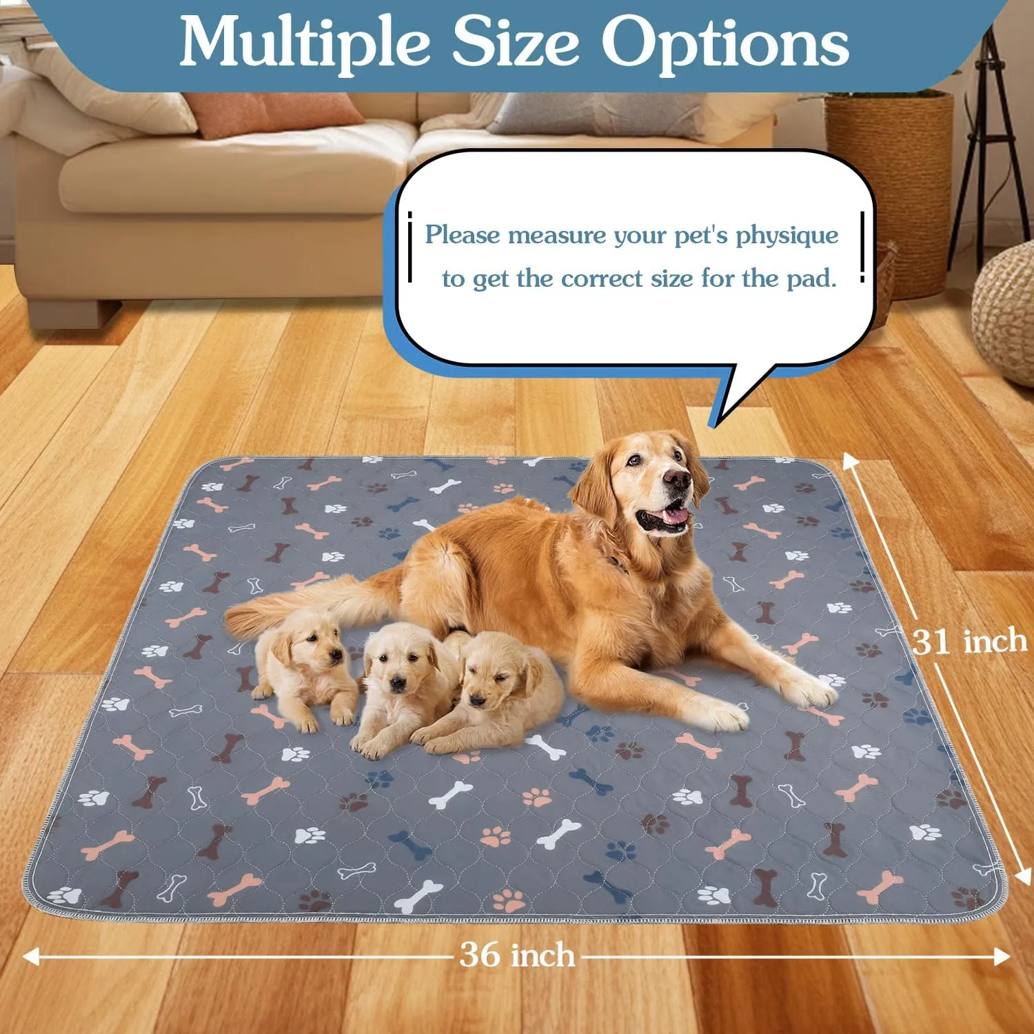 Washable Pee Pads for Dogs2Pack 31x36 Reusable Puppy Pads with Bone Print, Absorbent Whelping Pads Non-Slip Dog Playpen Mats for Floor Protector, Couch Cover, Crate, Potty Training