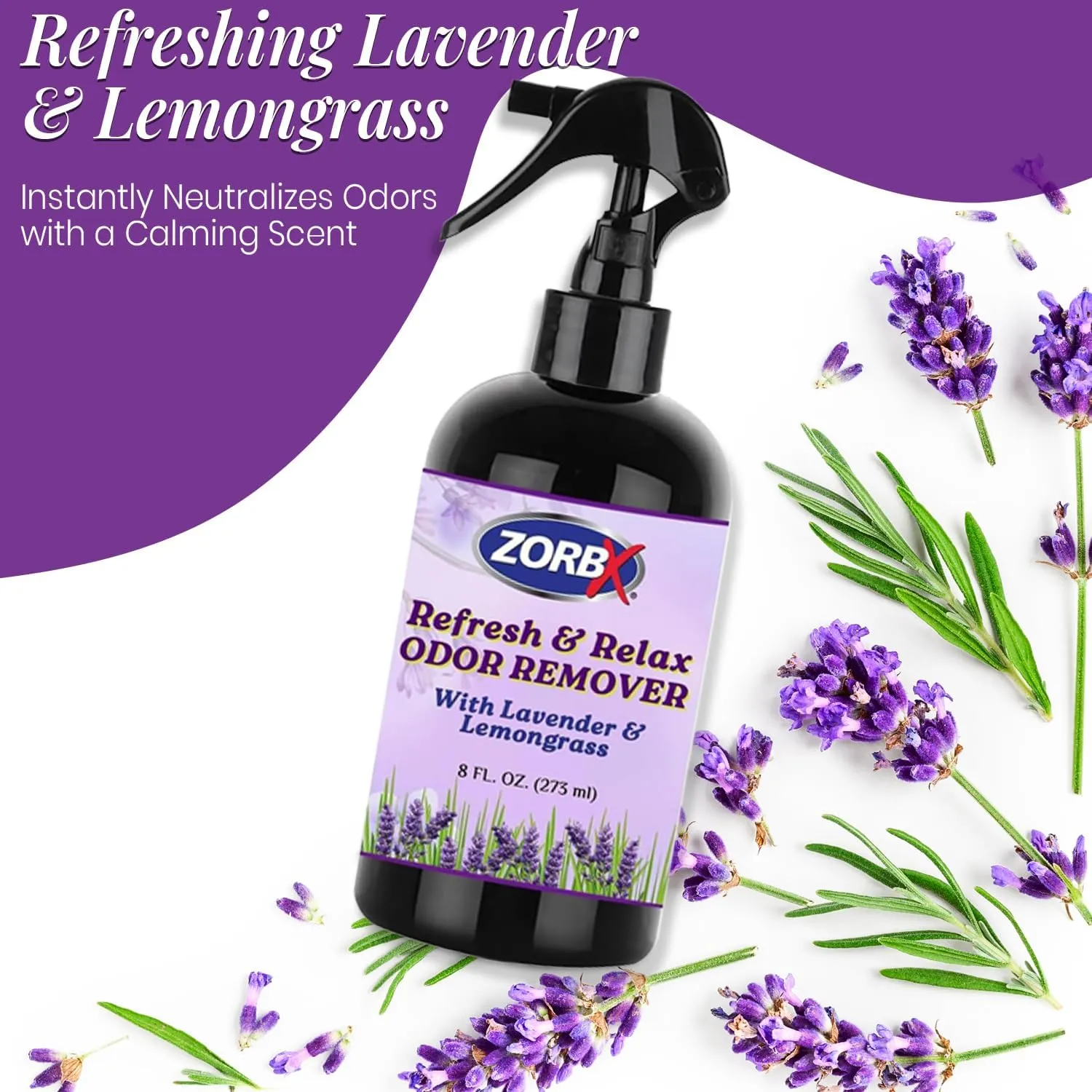ZORBX Refresh & Relax Odor Remover Spray with Lavender & Lemongrass 8 Oz (Pack of 2)  Permanent Solution Room Freshener & Air Freshener Spray for Home, Bathroom, Furniture, Carpet, Car, Gym & Laundry