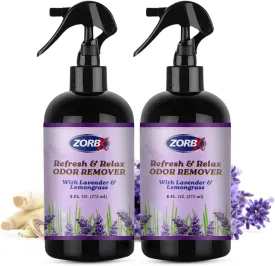 ZORBX Refresh & Relax Odor Remover Spray with Lavender & Lemongrass 8 Oz (Pack of 2)  Permanent Solution Room Freshener & Air Freshener Spray for Home, Bathroom, Furniture, Carpet, Car, Gym & Laundry